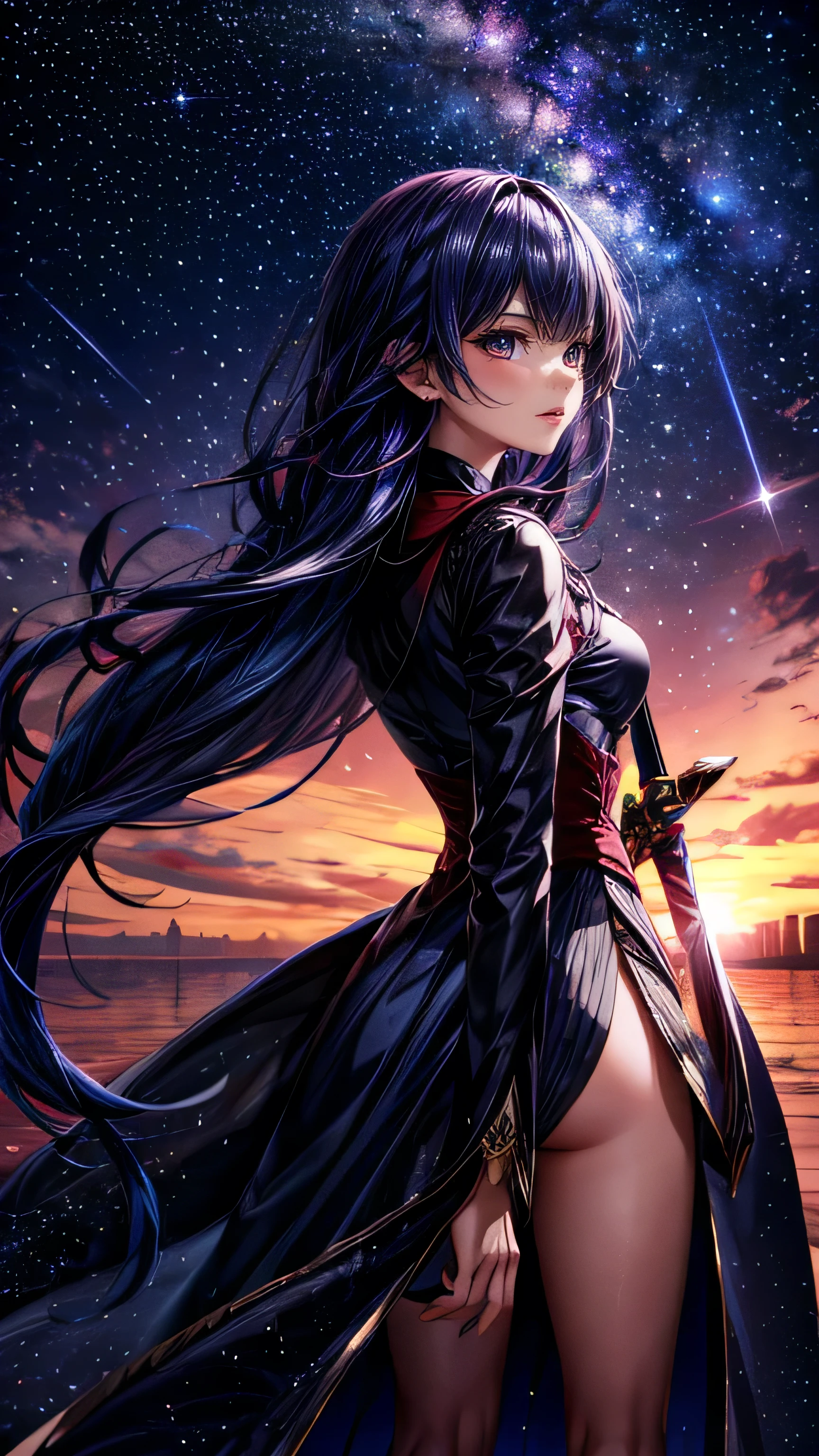 ciel étoilé，１personnes々,Vue lointaine,cheveux longs，long manteau，épée，silhouette，Ciel spatial, Style animé,chef-d&#39;œuvre,Meilleure qualité,ultra détaillé,haute résolution,8K Portrait,unité 8k fond d&#39;écran,extremely detailed CG unité 8k fond d&#39;écran
