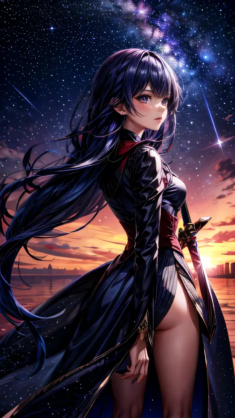 Starry Sky，１people々,far view,long hair，Long coat，sword，silhouette，Space Sky, Anime Style,masterpiece,best quality,ultra detailed...