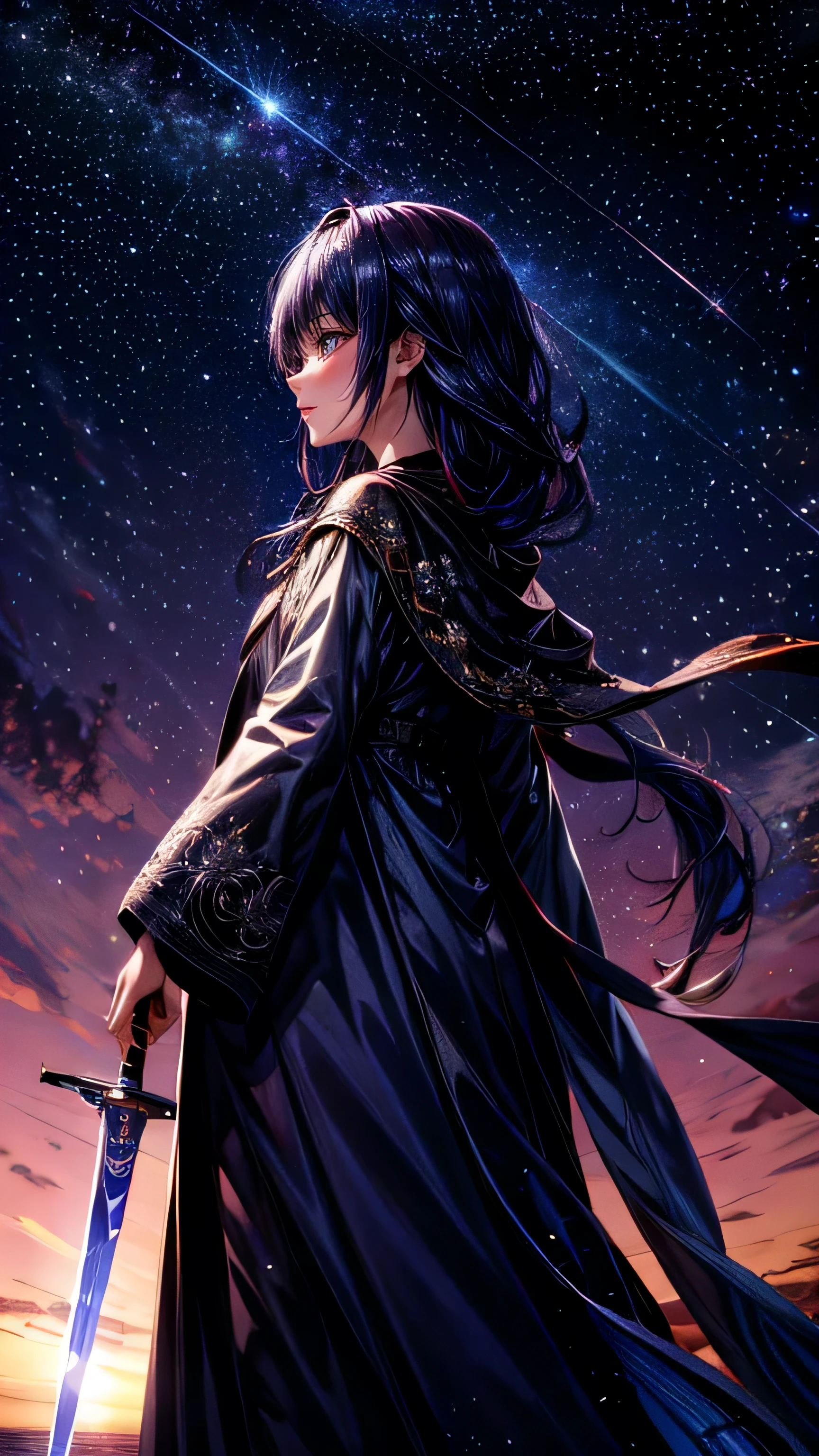 Starry Sky，１people々,far view,long hair，Long coat，sword，silhouette，Space Sky, Anime Style,masterpiece,best quality,ultra detailed,high-resolution,8k portrait,unity 8k wallpaper,extremely detailed CG unity 8k wallpaper
