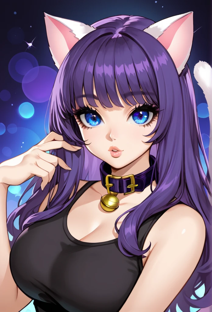 1girl, cat nose, cat ears, cat tail, ((curvy)), (((cute face))), long hair, bangs, purple hair, gorgeous blue eyes, big eyes, anime eyes, eyeliner, long lashes, soft and full lips, collar, miniskirt, black top 