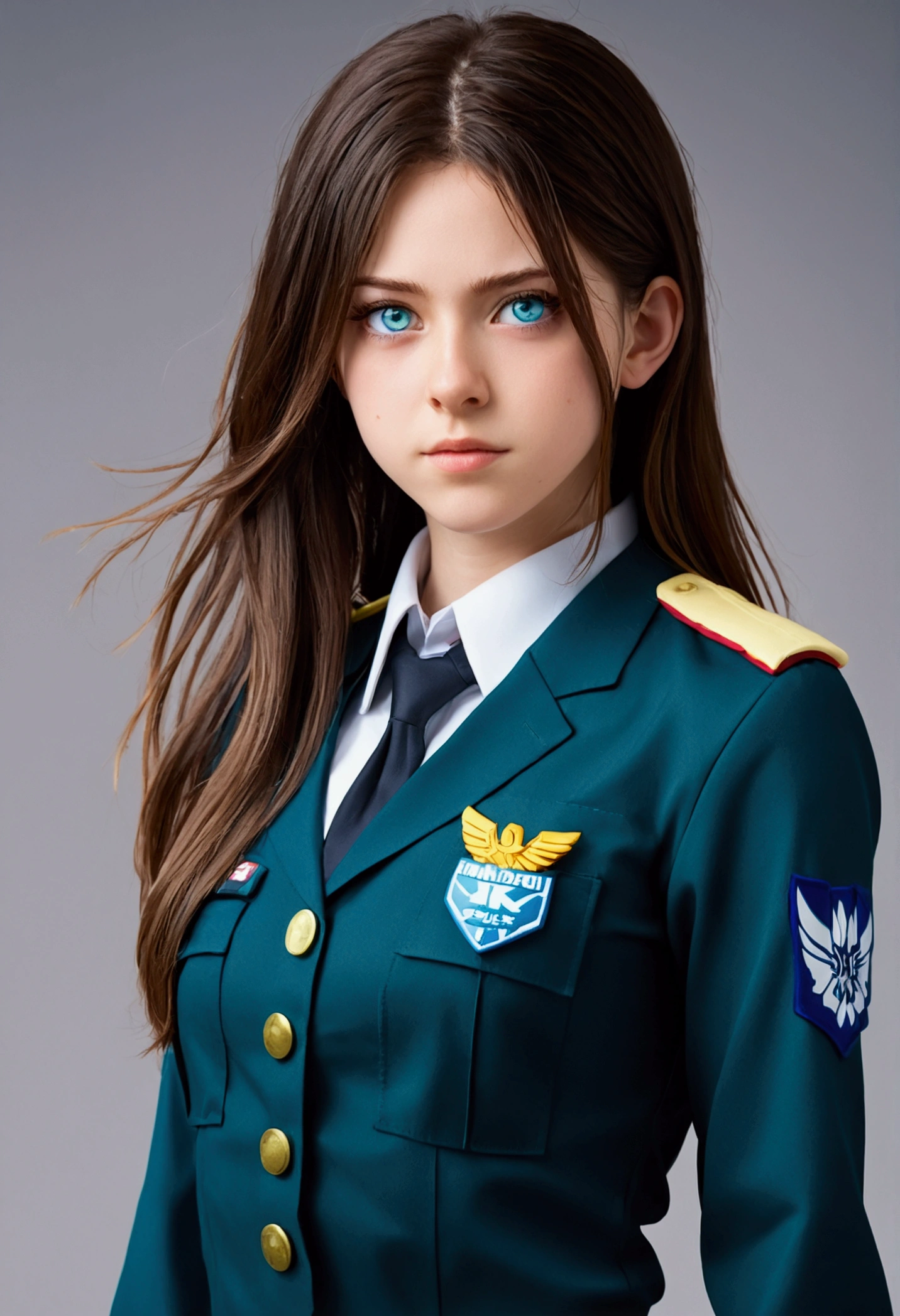 She is a 19 year old woman, (whole body ), she has slightly disheveled long brown hair, light blue eyes,  , fit body , anime art slyle my hero academy , , cool face , she is dressed in the anime female uniform "my hero academia",   , 8k, high quality, masterpiece, , cinematic, vivid colors, shining green eyes