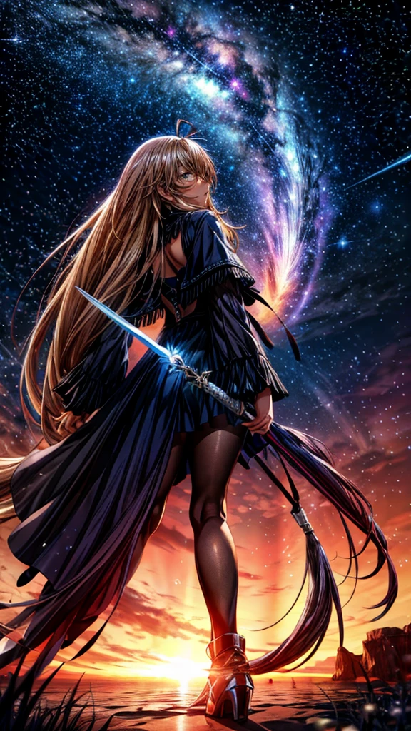 Starry Sky，１people々,　Blonde long hair，Long coat，sword，silhouette， Rear View，Space Sky, Anime Style,masterpiece,best quality,ultra detailed,high-resolution,8k portrait,unity 8k wallpaper,extremely detailed CG unity 8k wallpaper
