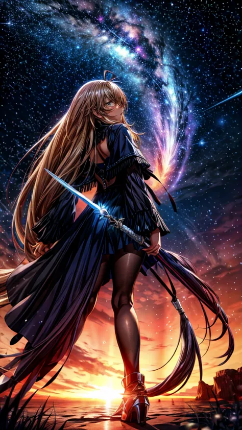 Starry Sky，１people々,　Blonde long hair，Long coat，sword，silhouette， Rear View，Space Sky, Anime Style,masterpiece,best quality,ultr...