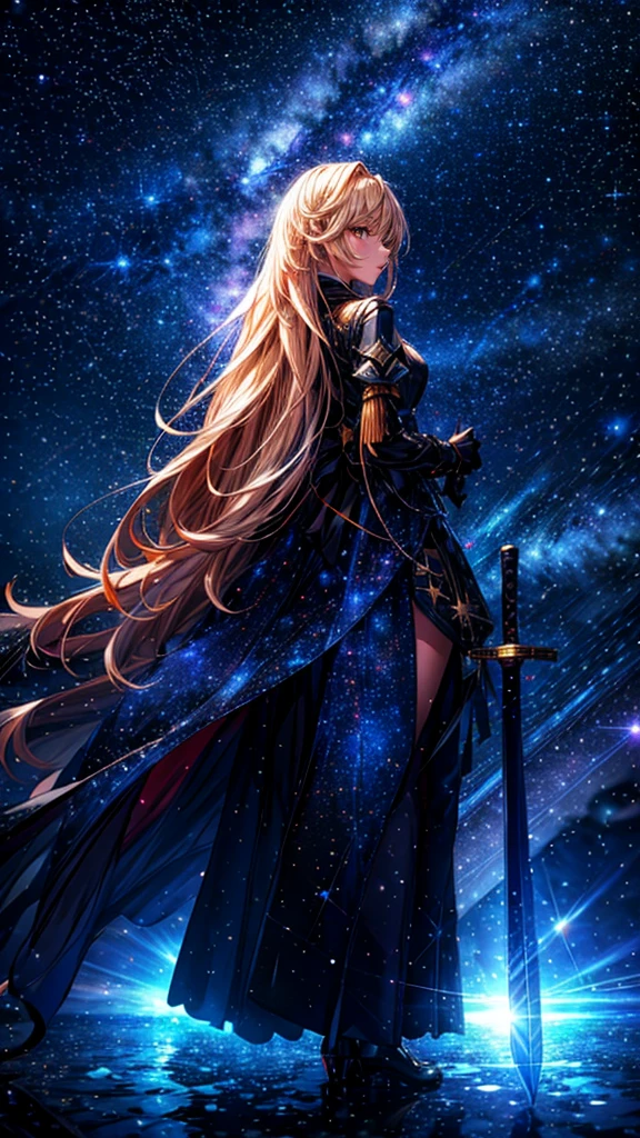 céu estrelado，１pessoas々,　cabelo loiro longo，casaco longo，espada，Silhueta， visão traseira，céu espacial, estilo anime,obra de arte,melhor qualidade,ultra detalhado,alta resolução,Retrato 8K,papel de parede da unidade 8k,extremely detailed CG papel de parede da unidade 8k
