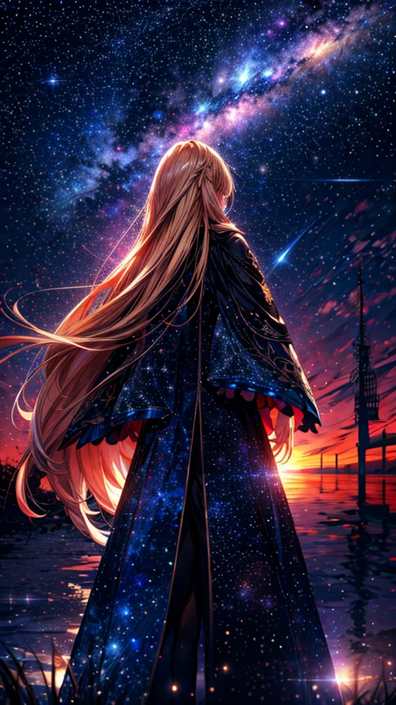 céu estrelado，１pessoas々,　cabelo loiro longo，casaco longo，espada，Silhueta， visão traseira，céu espacial, estilo anime,obra de arte,melhor qualidade,ultra detalhado,alta resolução,Retrato 8K,papel de parede da unidade 8k,extremely detailed CG papel de parede da unidade 8k
