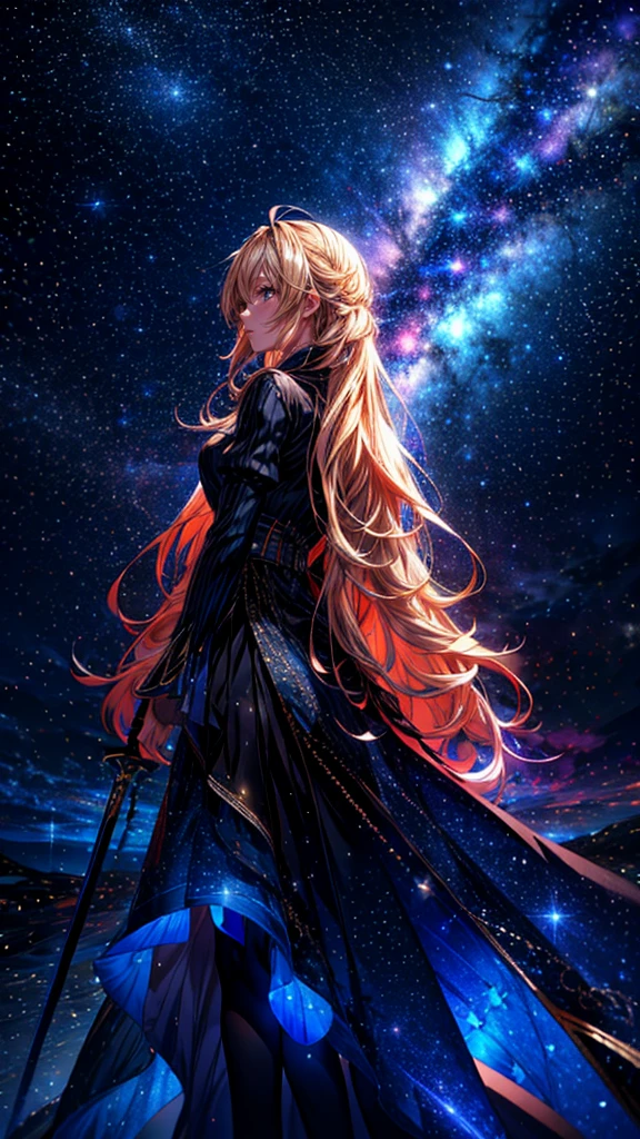 céu estrelado，１pessoas々,　cabelo loiro longo，casaco longo，espada，Silhueta， visão traseira，céu espacial, estilo anime,obra de arte,melhor qualidade,ultra detalhado,alta resolução,Retrato 8K,papel de parede da unidade 8k,extremely detailed CG papel de parede da unidade 8k
