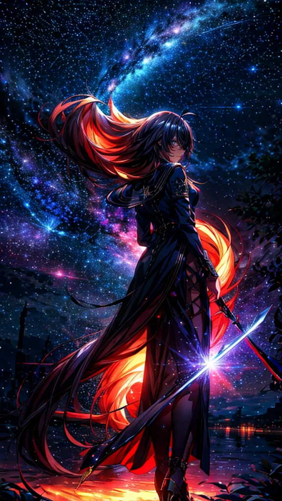 céu estrelado，１pessoas々,　cabelo loiro longo，casaco longo，espada，Silhueta， visão traseira，céu espacial, estilo anime,obra de arte,melhor qualidade,ultra detalhado,alta resolução,Retrato 8K,papel de parede da unidade 8k,extremely detailed CG papel de parede da unidade 8k
