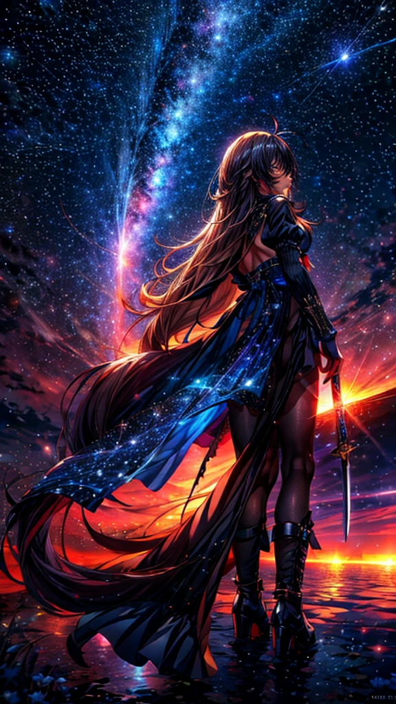 céu estrelado，１pessoas々,　cabelo loiro longo，casaco longo，espada，Silhueta， visão traseira，céu espacial, estilo anime,obra de arte,melhor qualidade,ultra detalhado,alta resolução,Retrato 8K,papel de parede da unidade 8k,extremely detailed CG papel de parede da unidade 8k
