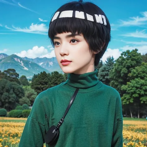 a young man with a typical bowl haircut and thick eyebrows. she has fair skin and big expressive eyes. he wears a green turtlene...