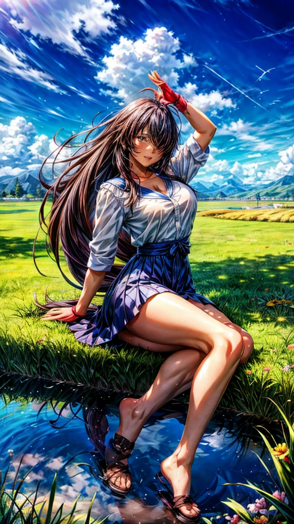 anime, anime landscape, Woman watching the clouds, In the grassland, creative, Realist, White cloud, blue sky, Wonderful landscape, Woman looking away from the camera, Wide Photography, Realistic grass, Flying Bird. The middle lake, The sky is reflected in the lake, student、Young people、Hot summer sky、Raise your fist