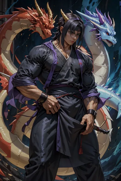 huge muscles,huge crotch bulge,ashton,robe,two dragons,紫のrobeに青いマント,black bandana,her hair is semi-long and straight.