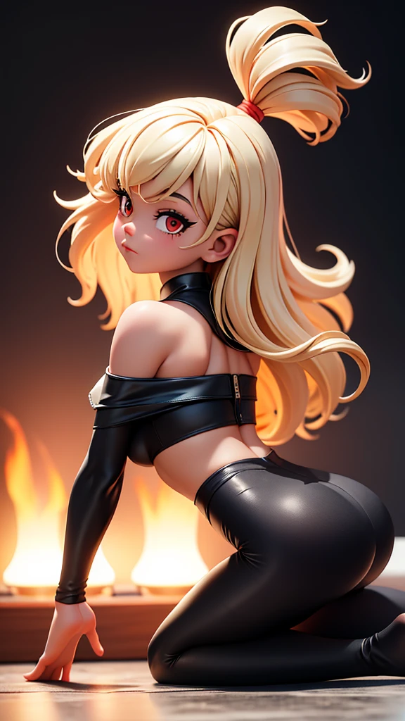 work of art, incredible, 8k, detailded, 1 girl, (from behind), ((legging preta)), (standing on all fours), Off The Shoulder, huge in this, ((black pantyhose)), ((in this)), hair blonde, shorth hair, Eyes red