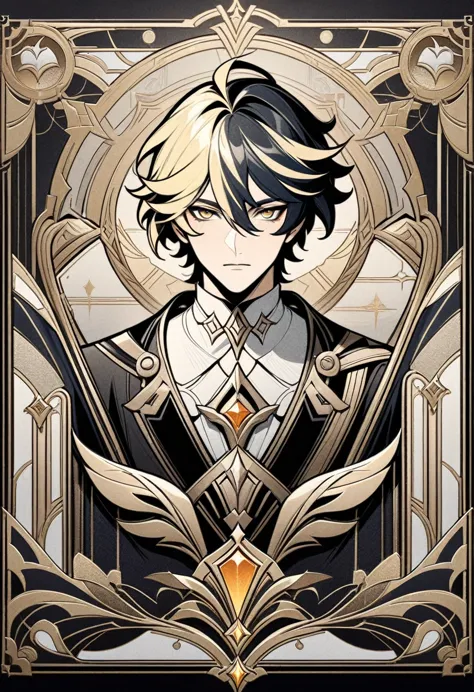 genshin impact, aether, traveler from genshin impact, blonde, 1boy, male, handsome boy, art deco, card, frames, vintage, bar, dr...