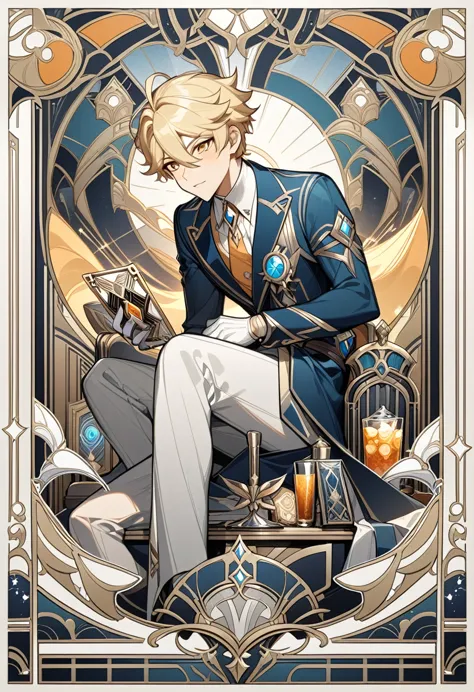 genshin impact, aether, traveler from genshin impact, blonde, 1boy, male, handsome boy, art deco, card, frames, vintage, bar, dr...