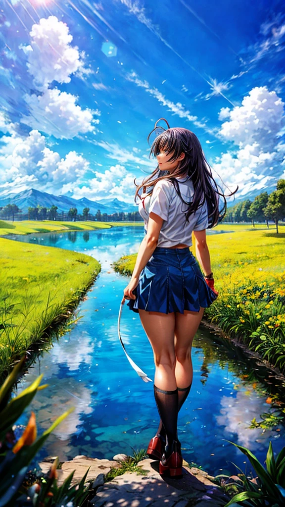 anime, anime landscape, Woman watching the clouds, In the grassland, creative, Realist, White cloud, blue sky, Wonderful landscape, Woman looking away from the camera, Wide Photography, Realistic grass, Flying Bird. The middle lake, The sky is reflected in the lake, student、Young people、Hot summer sky、Raise your fist
