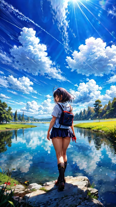 anime, anime landscape, woman watching the clouds, in the grassland, creative, realist, white cloud, blue sky, wonderful landsca...