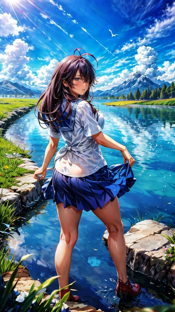 anime, anime landscape, Woman watching the clouds, In the grassland, creative, Realist, White cloud, blue sky, Wonderful landscape, Woman looking away from the camera, Wide Photography, Realistic grass, Flying Bird. The middle lake, The sky is reflected in the lake, student、Young people、Hot summer sky、Raise your fist
