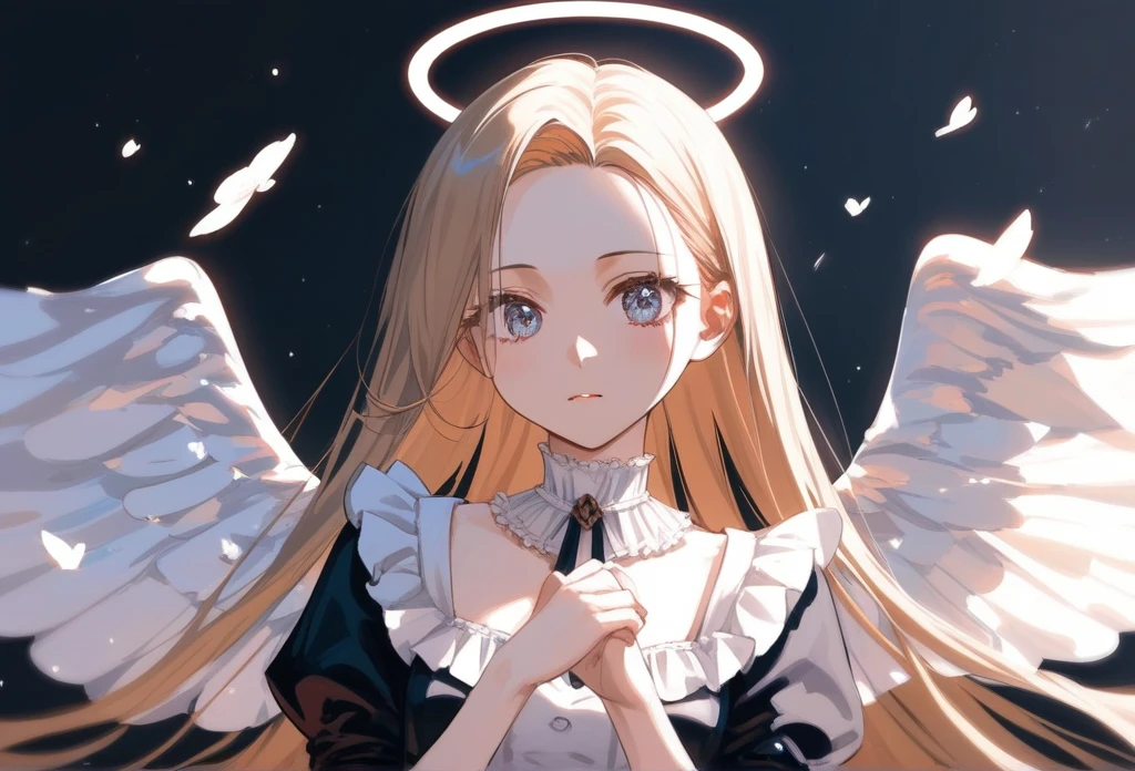 masterpiece, T-ponyai3 style, zoom out, score_9, score_8_up, score_7_up, portrait, 1girl, solo, parted bangs, innexpressive, pale skin, small breasts, upper body, victorian fashion, , frilled dress,, white angel wings, delicate hand, perfect hands, white background, best quality
