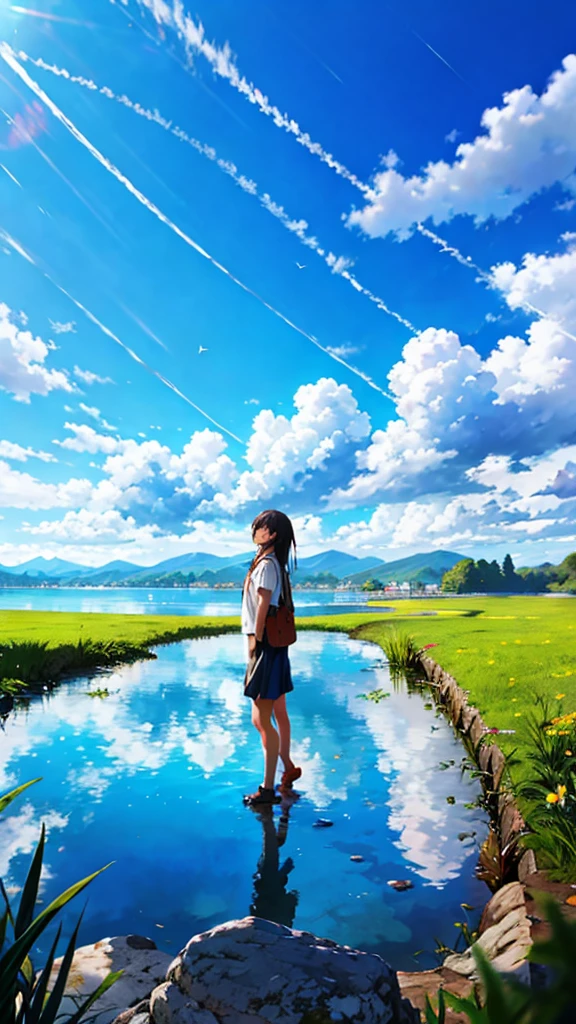 anime, anime landscape, Woman watching the clouds, In the grassland, creative, Realist, White cloud, blue sky, Wonderful landscape, Woman looking away from the camera, Wide Photography, Realistic grass, Flying Bird. The middle lake, The sky is reflected in the lake, student、Young people、Hot summer sky、Raise your fist
