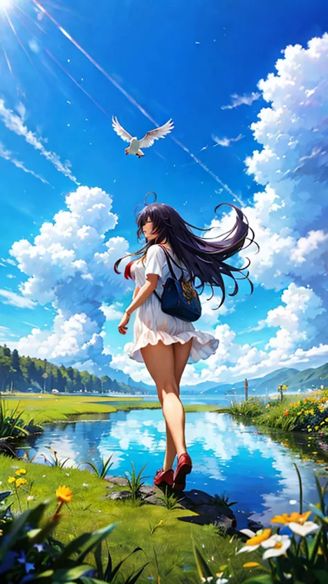 anime, anime landscape, woman watching the clouds, in the grassland, creative, realist, white cloud, blue sky, wonderful landsca...