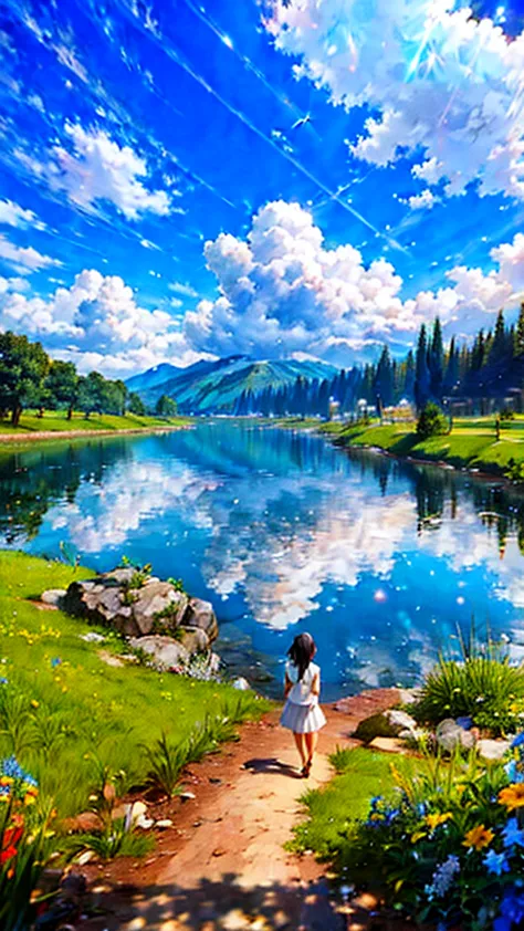 anime, anime landscape, woman watching the clouds, in the grassland, creative, realist, white cloud, blue sky, wonderful landsca...