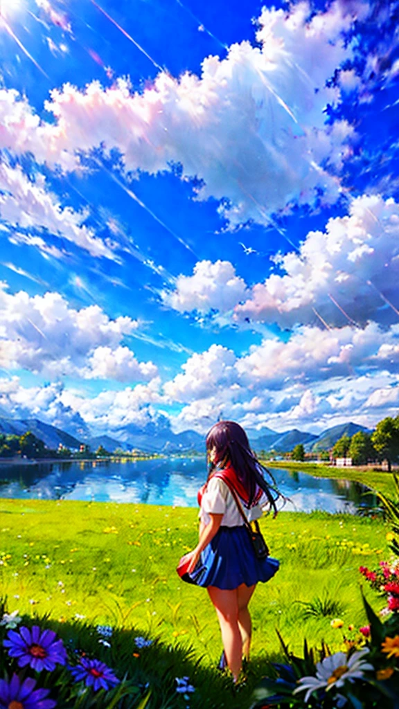 anime, anime landscape, Woman watching the clouds, In the grassland, creative, Realist, White cloud, blue sky, Wonderful landscape, Woman looking away from the camera, Wide Photography, Realistic grass, Flying Bird. The middle lake, The sky is reflected in the lake, student、Young people、Hot summer sky、Raise your fist
