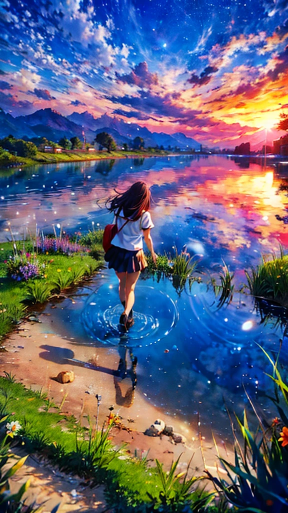 anime, anime landscape, Woman watching the clouds, In the grassland, creative, Realist, White cloud, blue sky, Wonderful landscape, Woman looking away from the camera, Wide Photography, Realistic grass, Flying Bird. The middle lake, The sky is reflected in the lake, student、Young people、Hot summer sky、Raise your fist
