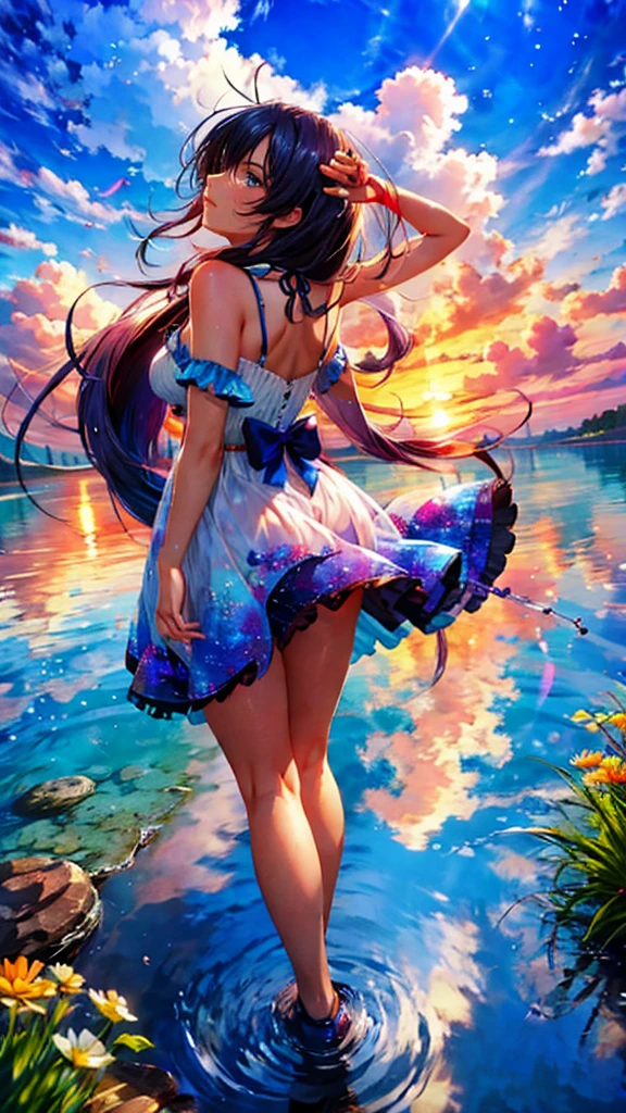 1girl, looking up at the sky, vast landscape, blue sky, outdoor, backview, flowers at her feet, wind blowing hair, reflection on water surface, anime style, detailed facial features, beautiful eyes, cute expression, serene, peaceful, dreamlike, vibrant colors, soft lighting, high quality, 8k, photorealistic, masterpiece, digital art