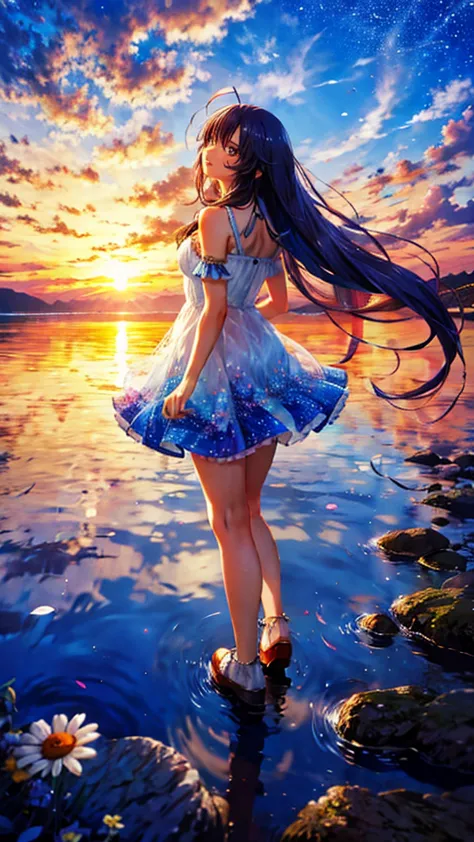 1girl, looking up at the sky, vast landscape, blue sky, outdoor, backview, flowers at her feet, wind blowing hair, reflection on...