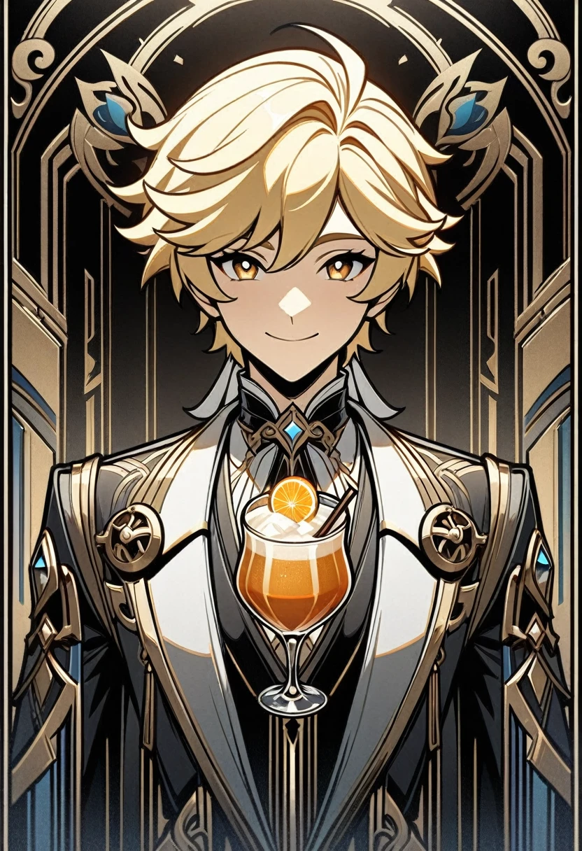 genshin impact, aether, aether from genshin impact, blonde, 1boy, male, handsome boy, cell shaded, heavy shadows, black background, art deco, vintage, bar, drinks, smiling, having fun, art deco poster, high quality, masterpiece, detailed, line art, straight lines, clear art, centered, 