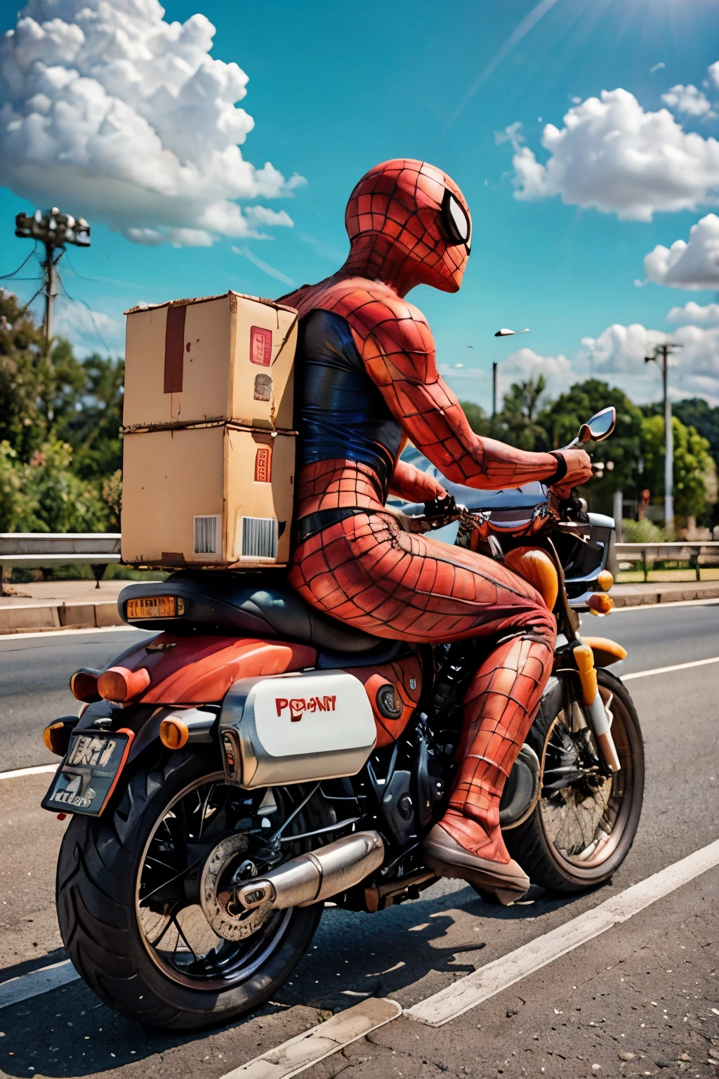 Erstelle eine 3D-Illustration eines realistischen Superheldencharakters Spiderman, der ein Motorrad fährt und viele Pakete hinter sich trägt.Paketkurier. Hand hält Motorradlenker. mit einem Hintergrund am Straßenrand. Am Himmel steht "J&T Express" in rot und weiß. Auf dem Motorrad steht die Aufschrift "J&T Express". Seitenansicht. Logo J&T Express.