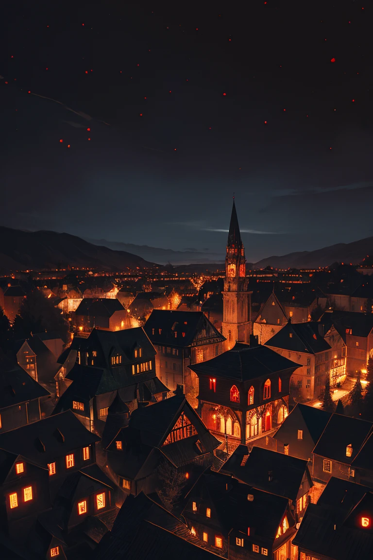 old European village shot with bird view, (Red glowing eyes), masterpiece, Depth of written boundary, Lutz, Gwaites style artwork, Gothic aesthetics, Dark Vampire village, ((in the dark gothic style cathle:1)), ((dark mid-night time:1.5)),