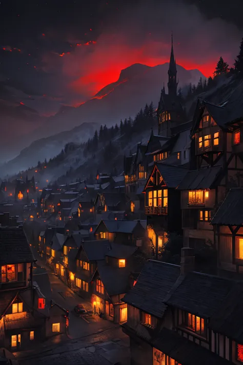 old European village shot with bird view, (Red glowing eyes), masterpiece, Depth of written boundary, Lutz, Gwaites style artwor...