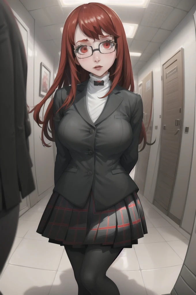 (masterpiece, best quality:1.2),two heads, 1girl, solo, looking at viewer, taffytales, Yoshizawa Sumire, long hair, glasses, straight hair, large breasts, Yoshizawa Sumire, long hair, glasses, shuujin academy , black jacket, plaid skirt, black pantyhose, white shirt