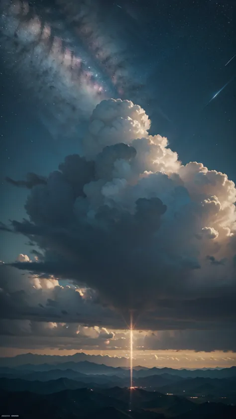 1 girl, eye, close up, beautiful night sky, meteor shower, beyond the clouds, water surrounded, reflections, wide angels, breath...