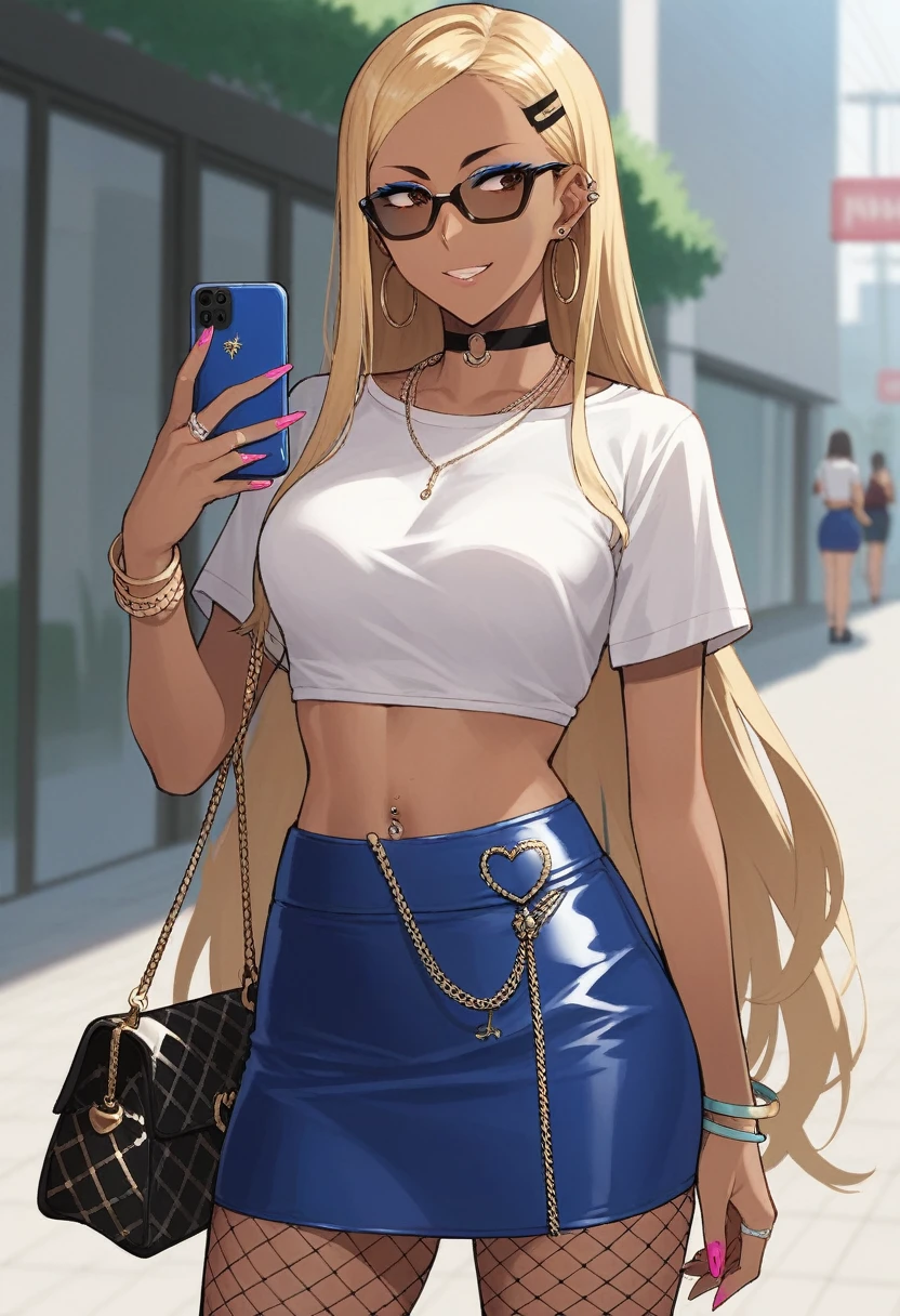 Score_9, score_8_up, score_7_up, score_6_up, source_anime, rating:general, 1girl, slutty_clothes, makeup, 1girl, solo, kiryuuin_satsuki, dark-skinned female, blonde hair, dark skin, phone, jewelry, sunglasses, earrings, long hair, crop top, handbag, very long hair, hair ornament, midriff, choker, makeup, bracelet, navel piercing, miniskirt, piercing, hairclip, necklace, ring, looking to the side, brown eyes, smile, sparkle, cowboy shot, cropped shirt, blue skirt, fur trim, alternate costume, short sleeves, forehead, white shirt, standing, gyaru, glasses, fishnets, ear piercing, tattoo, fur-trimmed skirt, eyeshadow, parted lips