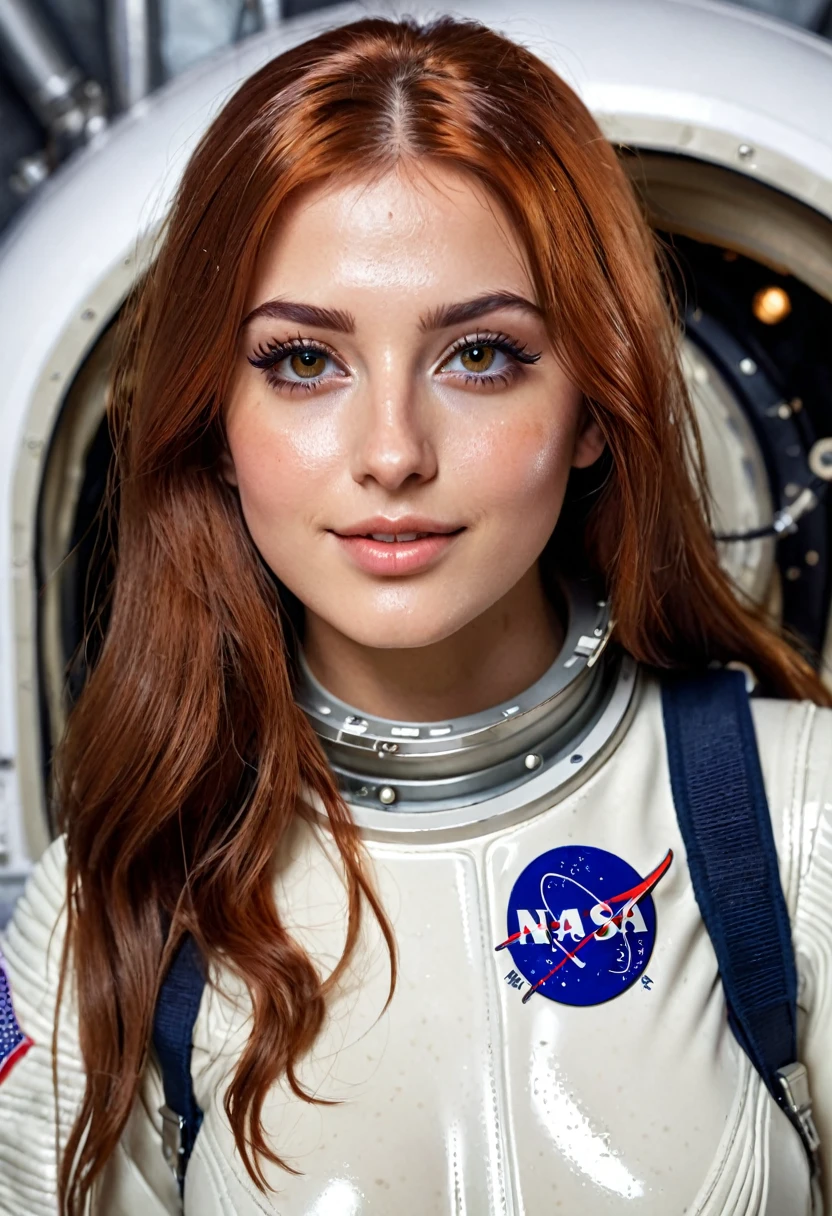 Beautiful hyperrealistic 20 year old woman, busty, Violet Myers with long legs, dressed in the classic astronaut suit from the 60s, full body photography model, natural redhead long straight hair, parts, soaked and wet skin, dark eye makeup with eyeliner, seductive smile, small necklace, 8k, Best Quality, masterpiece, ultra high resolution, (realism: 1.4), Photo original, (realistic skin texture: 1.3), (Filmkorn: 1.3), (Selfie Angle), 1 girl, Beautiful round hazel eyes and facial details., masterpiece, Best Quality, interior photography
