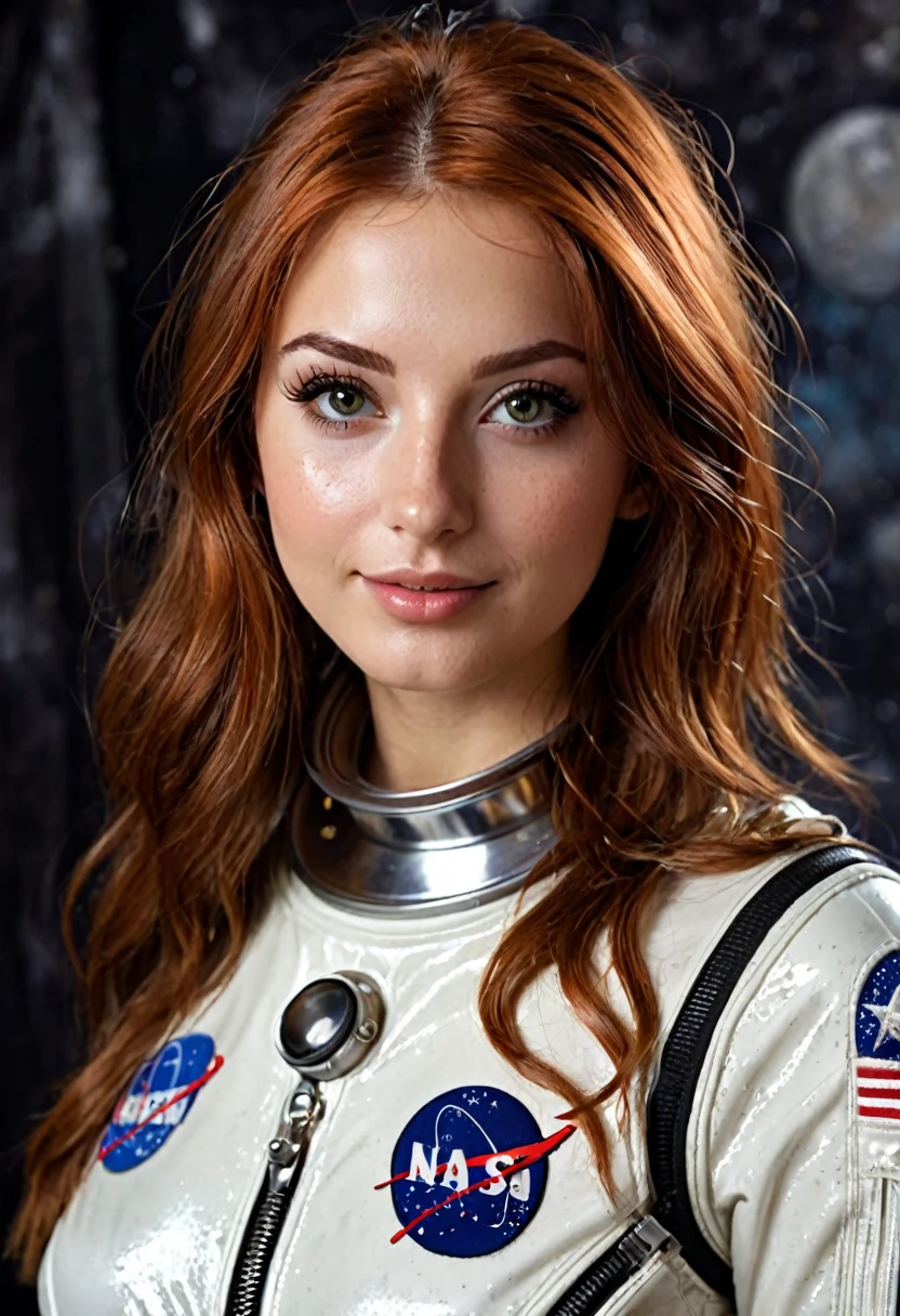 Beautiful hyperrealistic 20 year old woman, busty, Violet Myers with long legs, dressed in the classic astronaut suit from the 60s, full body photography model, natural redhead long straight hair, parts, soaked and wet skin, dark eye makeup with eyeliner, seductive smile, small necklace, 8k, Best Quality, masterpiece, ultra high resolution, (realism: 1.4), Photo original, (realistic skin texture: 1.3), (Filmkorn: 1.3), (Selfie Angle), 1 girl, Beautiful round hazel eyes and facial details., masterpiece, Best Quality, interior photography
