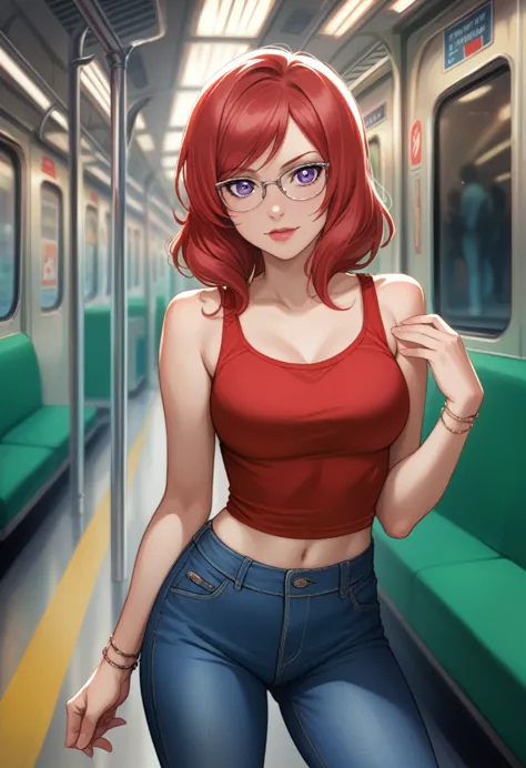 hugged by old man,nishikino maki, purple eyes, red hair, lipstick,red tank top, denim pants,low waist pants,glasses, bracelet, r...