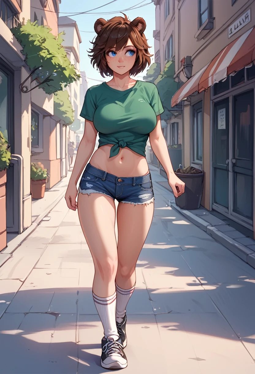 score_9, score_8_up, score_7_up, 1girl, solo, hourglass figure, Big breasts, kemonomimi, bear ears, brown hair, short hair, messy_hair, blue eyes BREAK freckles, green shirt, short sleeves, navel, denim shorts, high socks, white socks, sneakers, walking on paviment, outdoors, urban area, daytime, looking away, :o,  