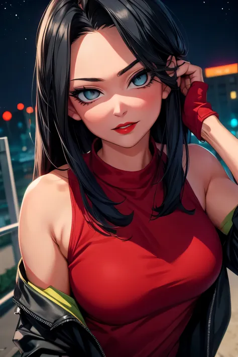 adult midnight (my hero academia), cg 8k ultra-realista, beautiful woman, empty eyes, seductive eyes, make-up, red lips, casual ...