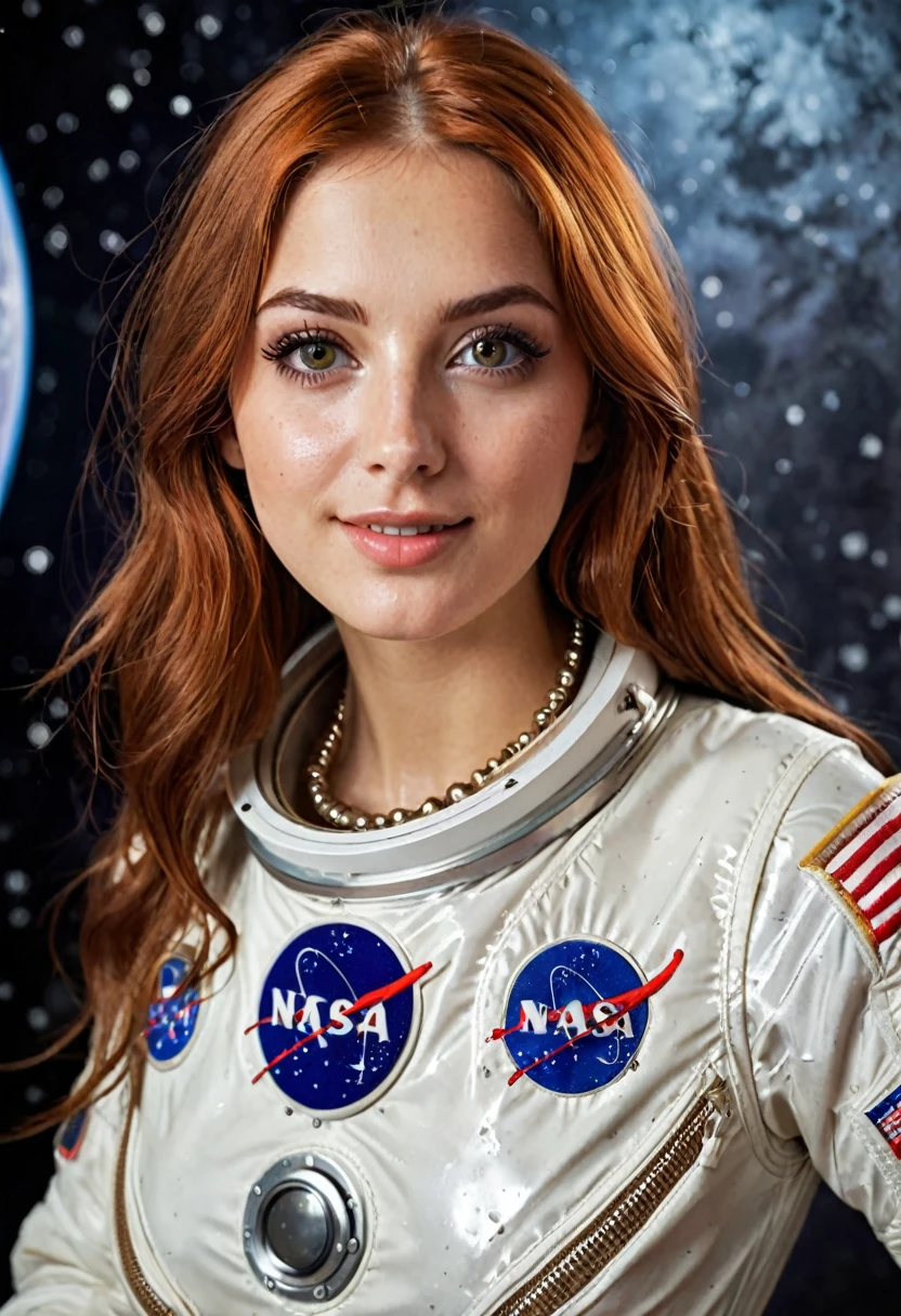 Beautiful hyperrealistic 20 year old woman, busty, Violet Myers with long legs, dressed in the classic astronaut suit from the 60s, full body photography model, natural redhead long straight hair, parts, soaked and wet skin, dark eye makeup with eyeliner, seductive smile, small necklace, 8k, Best Quality, masterpiece, ultra high resolution, (realism: 1.4), Photo original, (realistic skin texture: 1.3), (Filmkorn: 1.3), (Selfie Angle), 1 girl, Beautiful round hazel eyes and facial details., masterpiece, Best Quality, interior photography
