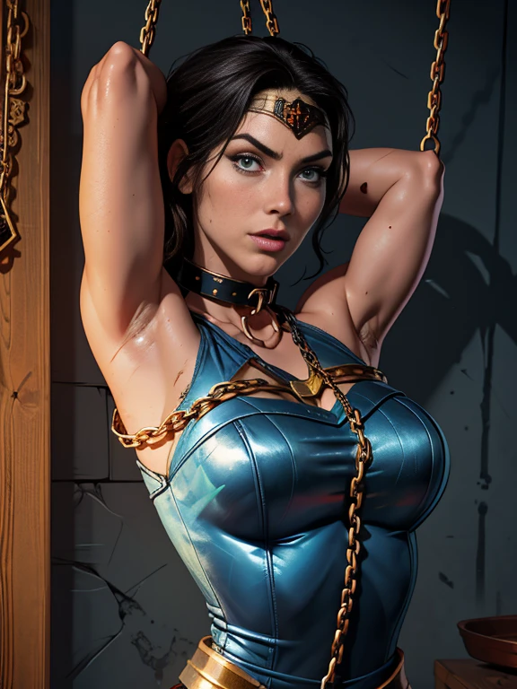 1girl, beautiful girl, wonder woman,blue skirt, hanging, (eyes close, sleep,face down, looking down), bruises, (((shackles)), ((shackles and arms up, chain leads, metal collar, wrists tied)), bondage, slavery, restraint, (basemend wall backgroun, dirty, dark, creepy), best quality, masterpiece, arms up, comic style, cartoon source