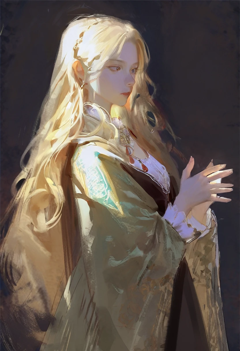 score_9, score_8_up, score_7_up, score_6_up, score_5_up, score_4_up, A blonde girl standing, royal clothes, no tiara, loose long hair, black background, dramatic diagonal lighting, painterly, realistic painting, soft feature, detailed hands, detailed, rembrandt lighting, artwork of upper body
