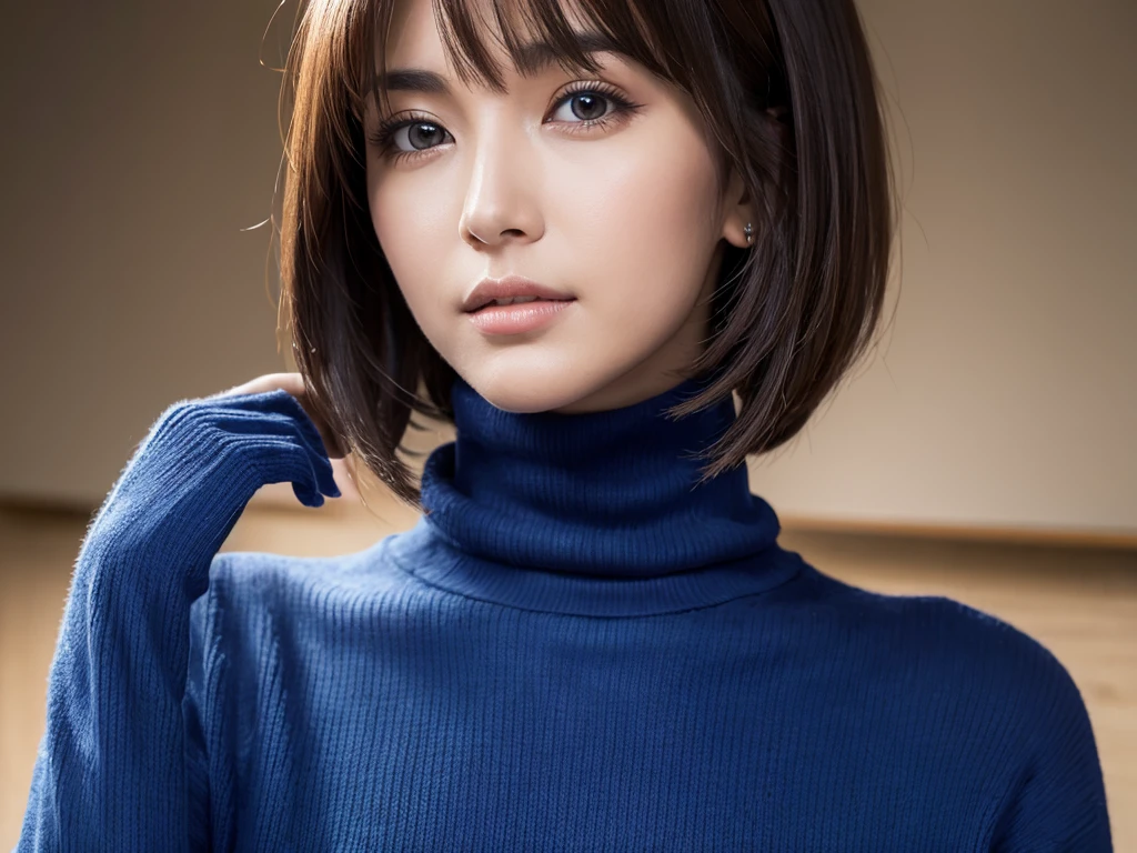 (((masterpiece, best quality,ultra-detailed,8k,high resolution))), (upper body),24 years old , 1girl, short hair, (((Cover half face with a turtleneck sweater)))