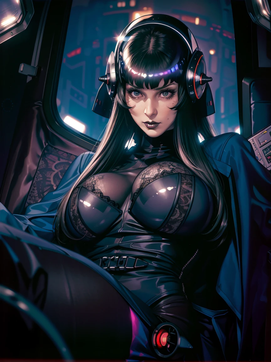 (((gothic vampire piloting) in gothic spacecraft)), (((retro anime))), ((from below)), ((fisheye-view)), ((((gothic)) control panels)), (((mature))), (((gothic))), ((iridescent)) bodysuit, ((((lace accessories)))), ((pilot seat)), ((((lying back)) pose)), (((elegant))), (((serious tone))), ((cockpit top control panel)), intricate control panel details, close-up, 1990s (style), masterpiece, ((claustrophobic)), best quality, screens, ((pilot helmet)), night, ((low key light)), (colorful cockpit lights), sparkles, (dramatic lighting), sweat, [blushing], [[pointy ears]], (realistic), (dark background)