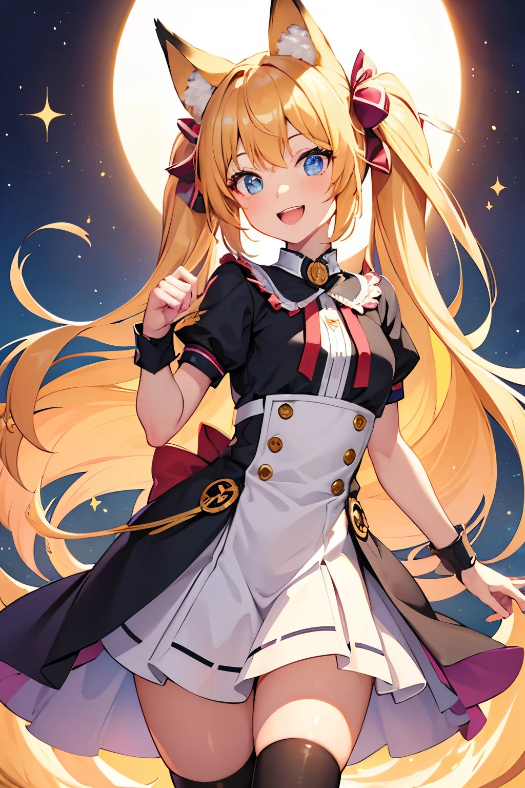 One girl, solo, High resolution, Long Hair, Blonde, Animal ears, Open your mouth a little, Twin tails, Fox Ears, Feet out of frame, Backlight, Highest quality, chest, smile, Smiling with teeth showing, Sparkle Effect, Anime Style, Anime Style, 