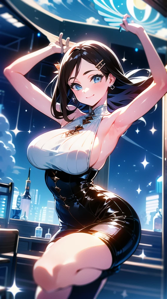 (masterpiece), (HDR), absurdres, (best quality), (ultra high quality), (hi-res), (1girl), (light blue eyes), beautiful detailed eyes, (((dark brown hair))), bangs, short side locks, (((chin length hair))), (wavy hair 1.2), (((silver star hair pin))), (medium breast), ((perky breasts)), ((plunge neckline)), corset, thin waist, wide hips, tight mini skirt, (happy expression), smile, (looking at viewer), sticking chest out, posing, dancing, night time, city scenery, arms up, one leg up, ecchi