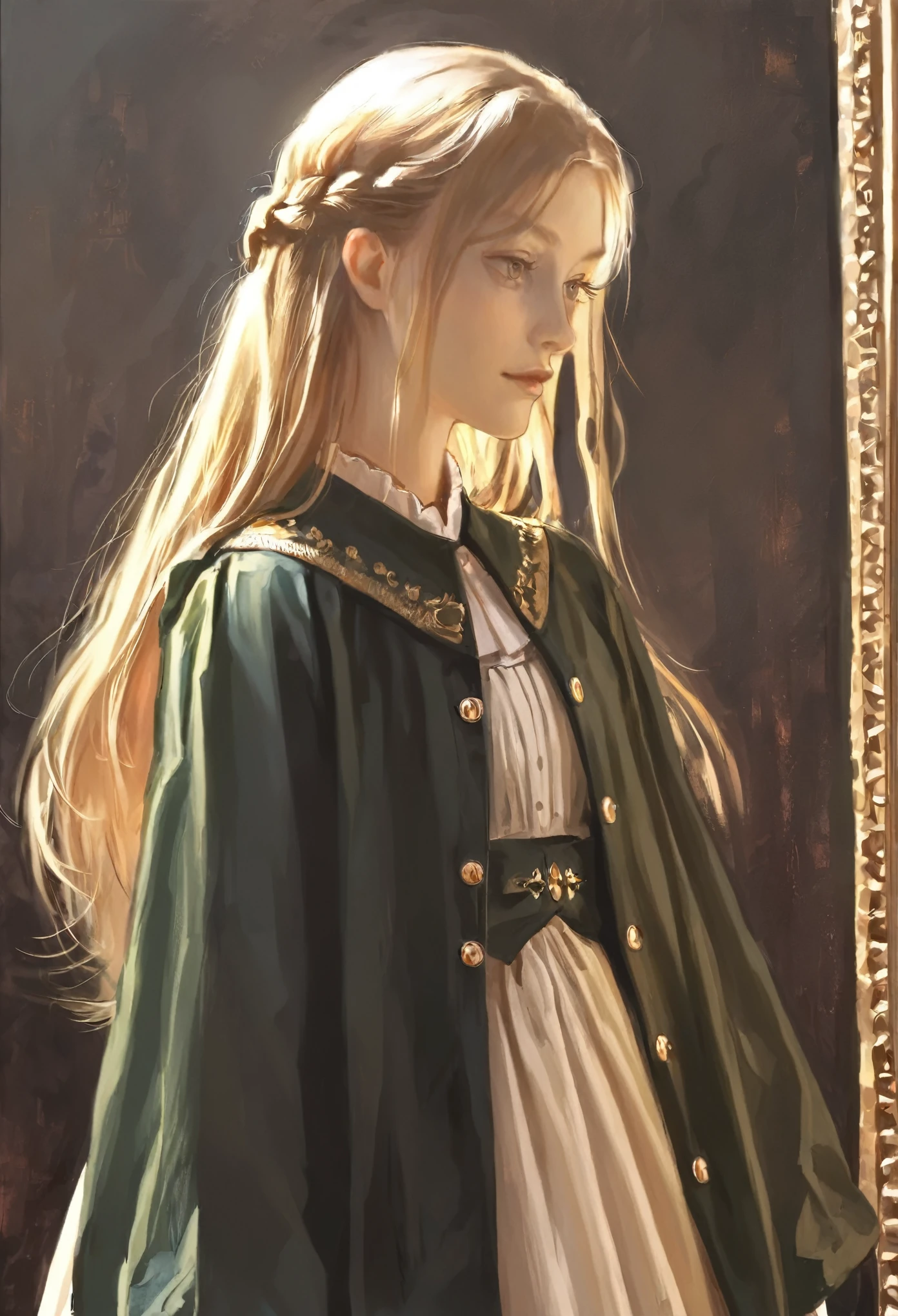 score_9, score_8_up, score_7_up, score_6_up, score_5_up, score_4_up, fkey70, A blonde girl standing, royal clothes, anime painting, no tiara, loose long hair, black background, dramatic diagonal lighting, painterly, realistic painting, soft feature, detailed clothes, detailed, rembrandt lighting, artwork of upper body