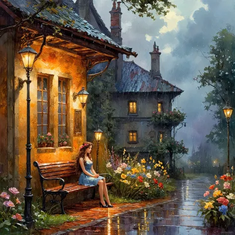 picture of a girl with flowers, sitting on a bench in the rain, near the house, in the evening, by pablo munoz gomez, rainy even...